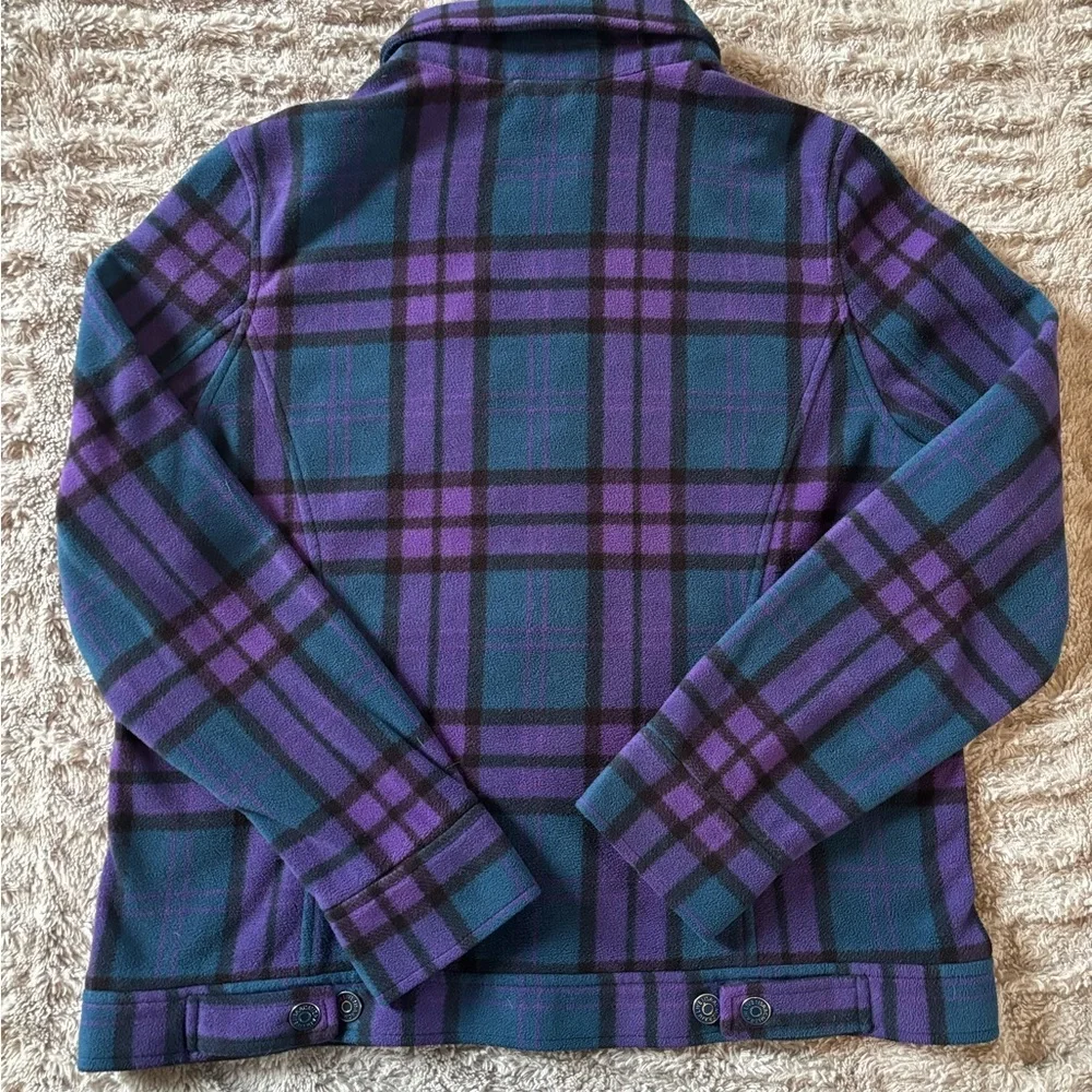 Isaac Mizrahi Live Purple Teal Plaid Fleece Jacket Shacket Button Up Large